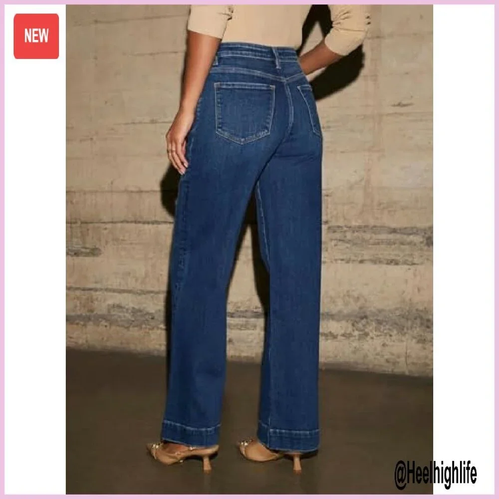 High Waisted Wide Leg Jeans Stretchy Denim Straight Leg Pants - Picture 4 of 6